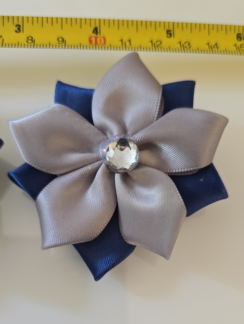 Handmade, Blue & Green Satin Flower Hair Clips for Kids - Set of 2 - Picture 4 of 5